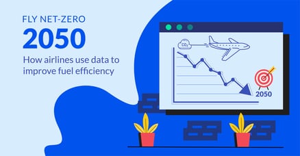 Illustration of a plane and a graph showing the decrease in CO2 emissions with a target of 0 in 2050