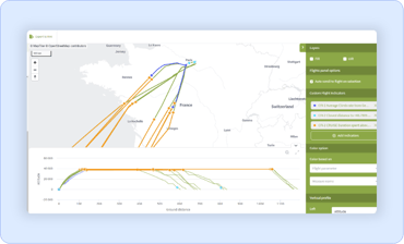 SkyBreathe® map view displaying flight trajectories over France with custom indicators overlaid — average climb rate, closest distance, and cruise duration — color-coded by indicator value.