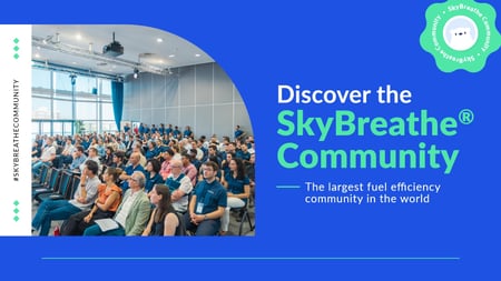 Youtube video miniature featuring a photo of a group of persons sitting on a corporate event and a title: "Discover the SkyBreathe Community - The largest fuel efficiency community in the world"